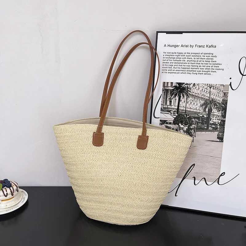 

Women Braided Basket Clutches Top-handle Bag Large Straw Portable Shoulder Bag Summer Beach Party Purses Shopper Satchel Female