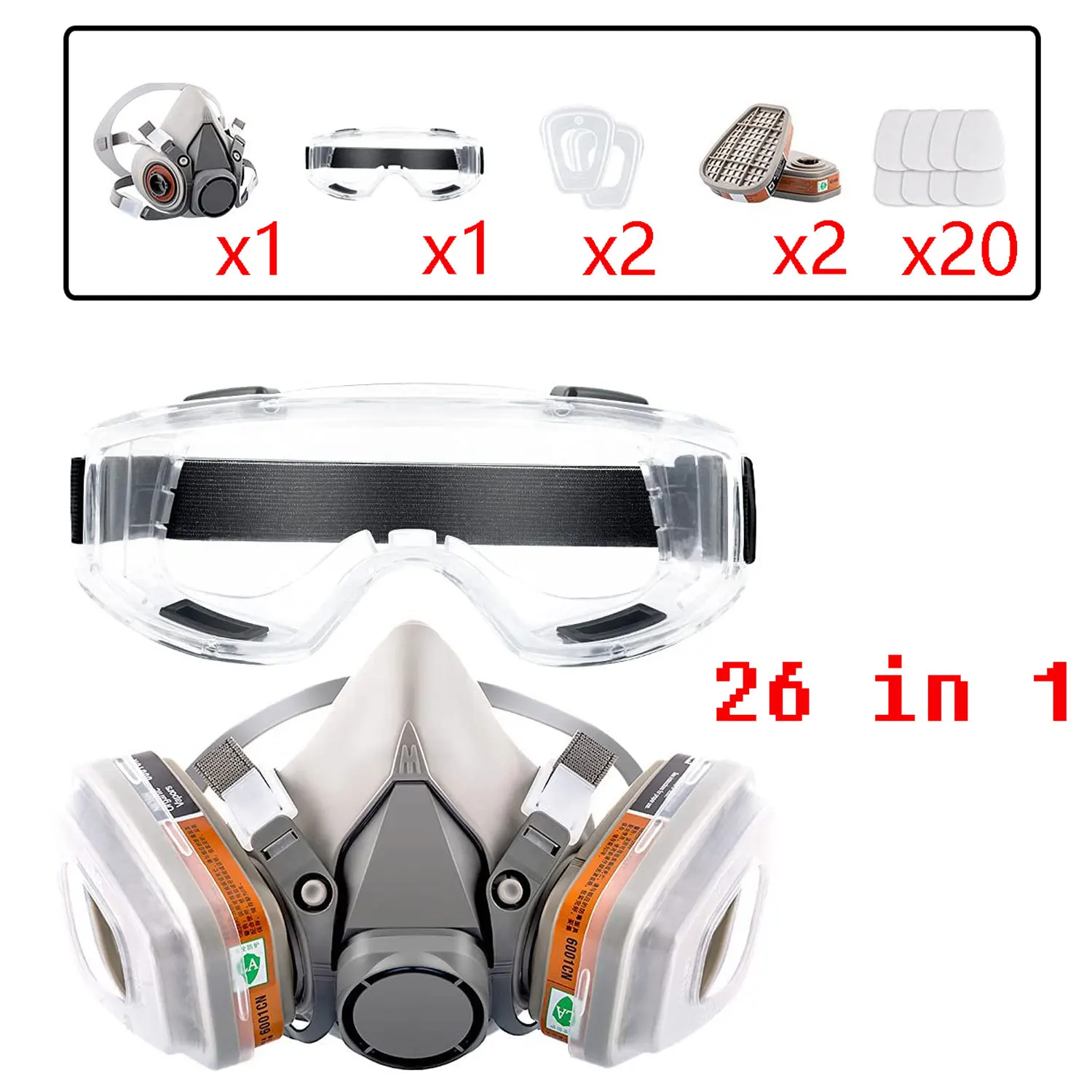 26in1 Gas Mask 6200 Half Face Respirator Gas Mask with Anti-Fog Safety Glasses Multi-Filter Protection for Painting, Welding