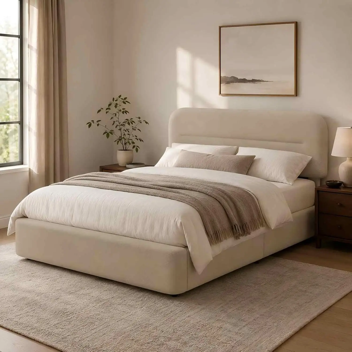 Queen Bed Frame Beige Boucle Upholstered Platform with Wooden Slats Support No Box Spring Needed Bedroom Furniture, Customized