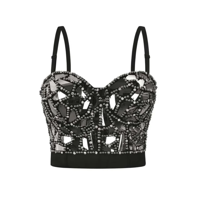 Gray Sexy Rock Punk Bra For Women Diamond & Pearl Decoration Push Up Bralette Lingerie Anti-light Shockproof Bra Clubwear Corset