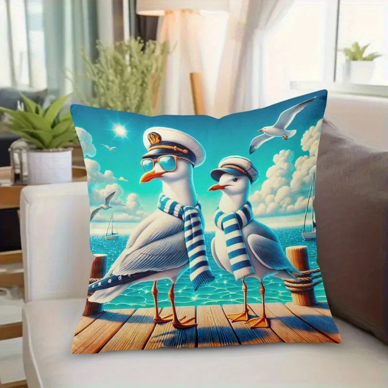 Funny Seagull Couple Pillowcase, Cute Nautical Ocean Theme Cushion Cover, Sailor Bird Home Decor for Sofa Bedroom Living Room
