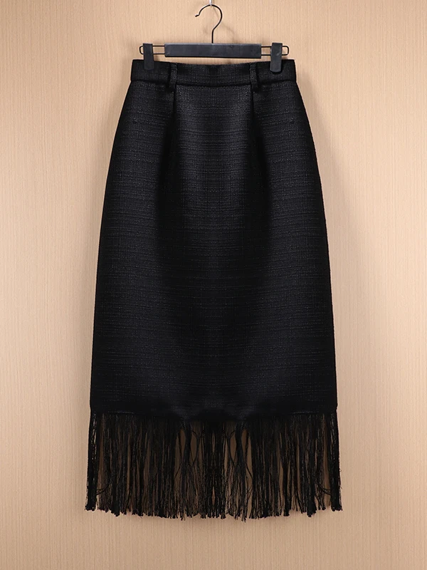 

Slimming High Waist Tassel Skirt Midi A-Line Wool Blend Gentle Style Fashionable Twist Design Unique Mid-Length Gown