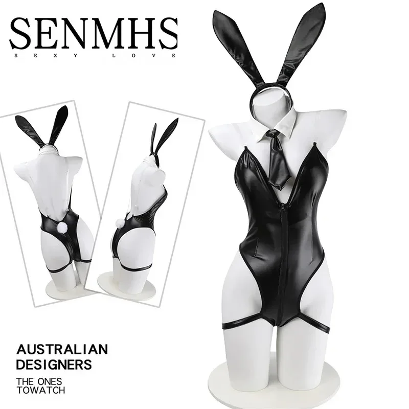 

Sexy Leather Zipper Open Bust Bunny Girl Jumpsuit Women Cosplay Costume Leather Halloween Carnival Female Bodysuit Outfits