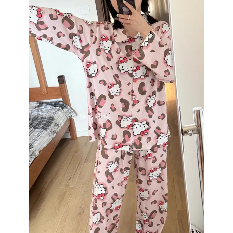 

Pink Hello Kitty two-piece pajamas, cartoon cute loungewear set, spring and autumn women's casual pajamas, Sanrio loungewear