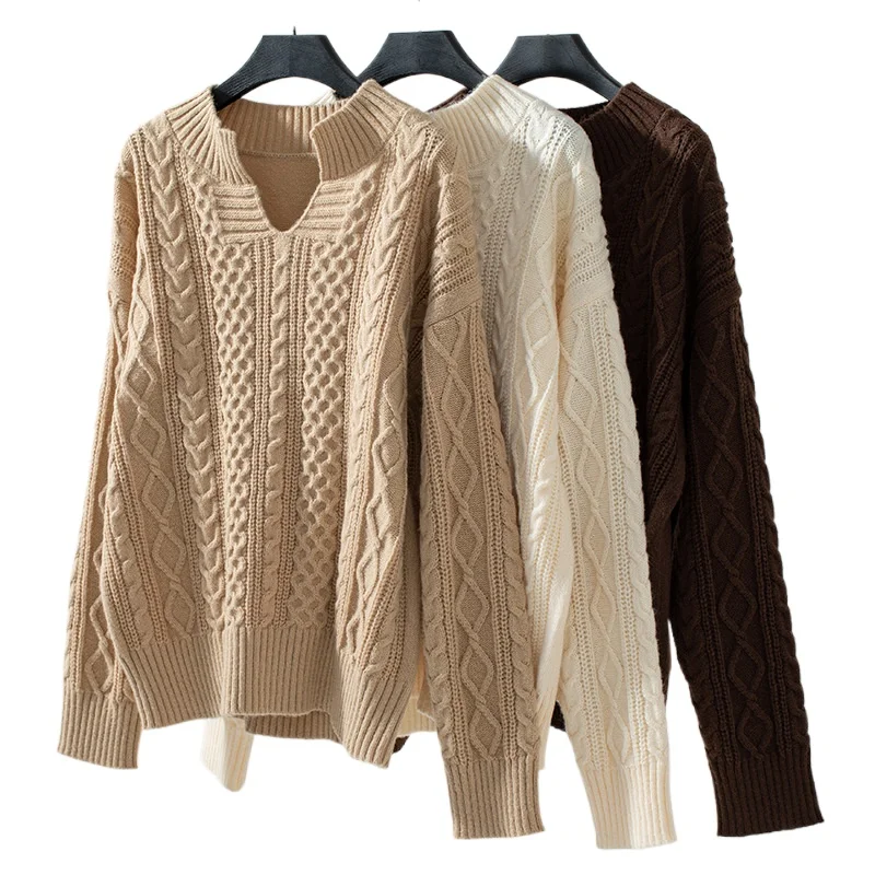 

2024 Autumn and Winter New Knitted Twist V-neck Loose Casual Sweater Women