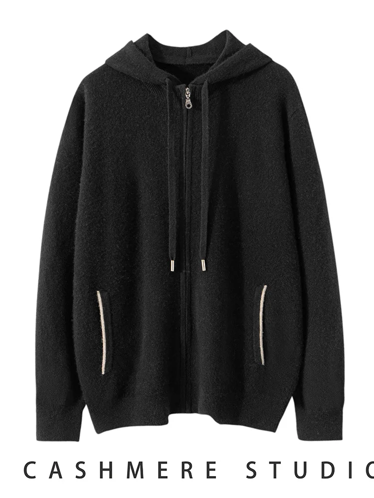 

Men Cashmere Sweater Detachable Hooded Zippers Cardigan Autumn Winter Casual 100% Cashmere Knitwear Color Blocked Clothing Tops