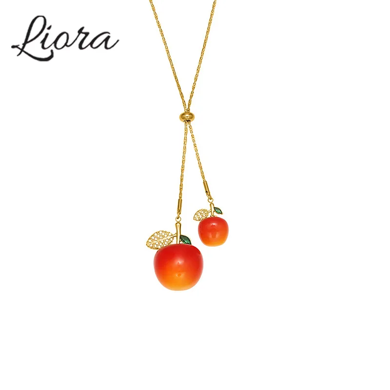 Liora яркий двойной кулон с вишней, очаровательные женские ожерелья с кубическим цирконием, длинная цепочка из нержавеющей стали, воротник, колье, банкетные украшения