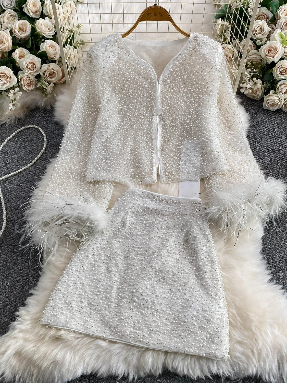 Luxury High-Quality Heavy Embellished Mesh Design Fairy-Like Furry Sleeve Short Jacket Slimming Wrap Skirt Set Women's Fashion