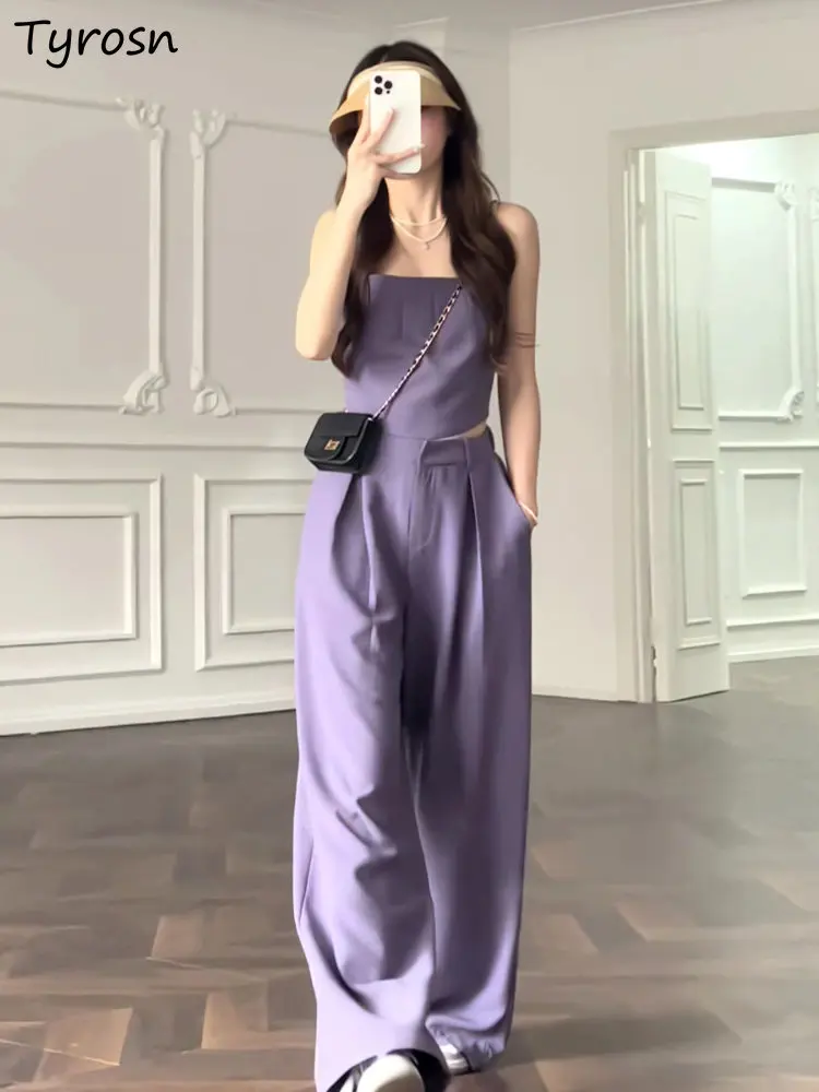 

Tank Pants Sets Women Summer Simple Solid Elegant Temperament Leisure Straight Fashion Korean Style Tender Daily Ladies Cozy