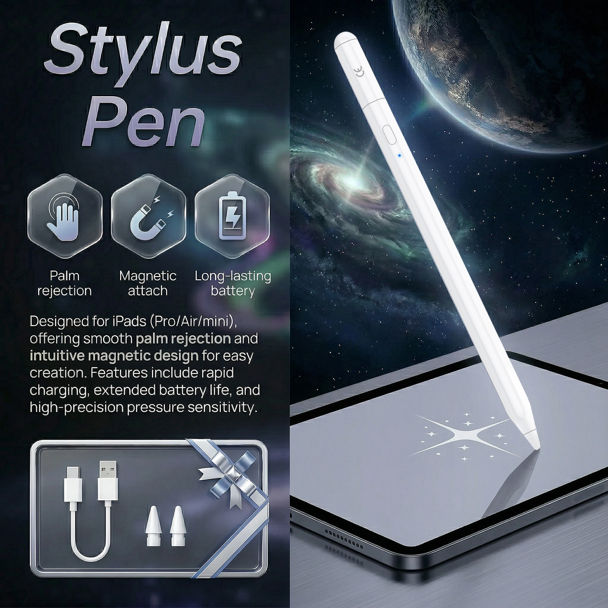 

Стилус 3-го поколения для iPad 2018-2026 Pro/Air/Mini/10-го поколения, с магнитным креплением, функцией распознавания ладони, быстрой зарядкой и длительным временем автономной работы