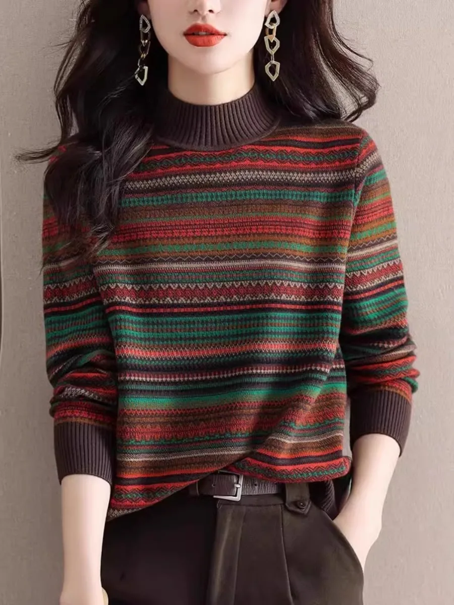 

Женский вязаный свитер с высоким воротником в стиле ретро из Циндао, универсальный осенне-зимний полосатый базовый слой из шерсти