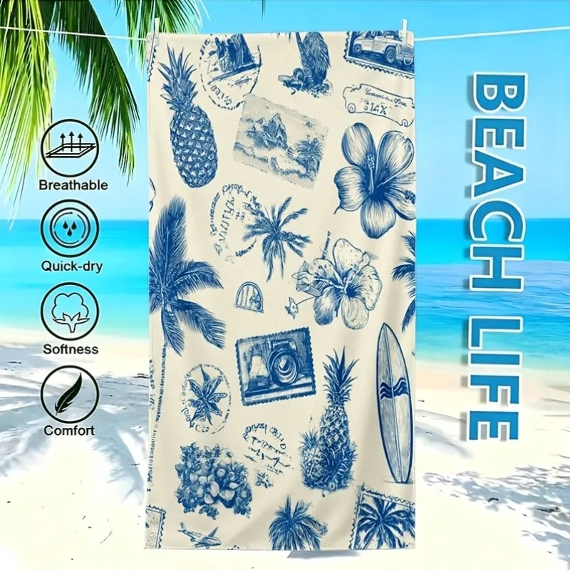 Blue Sketch Pineapple Palm Stamp Print Beach Towel Multiple Sizes For Retro Coastal Vacation Lightweight Beach Blanket