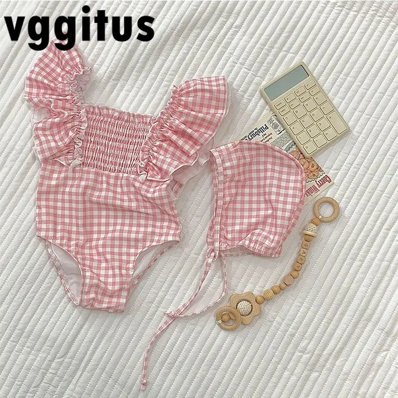 Girls Pink Plaid Square Collar Bathing Suit Summer Kids Swimsuit Short Flare Sleeves One Piece Swimwear Child Beach Clothes H225