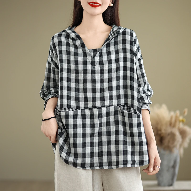 Loose Fit Plaid Cotton Linen Artistic irt Damen Plus Size T-Shirt Schlankheitsoberteil Doppellagige Baumwolle Tead Long Sve