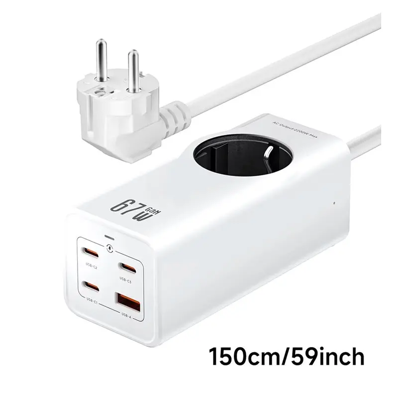 24-Hour Delivery For Simultaneous Device Charging Power Strip 67W Gan Fast 3 USB-C+ 1 USB-A+ 1 AC Outlet EU Plug Extensi