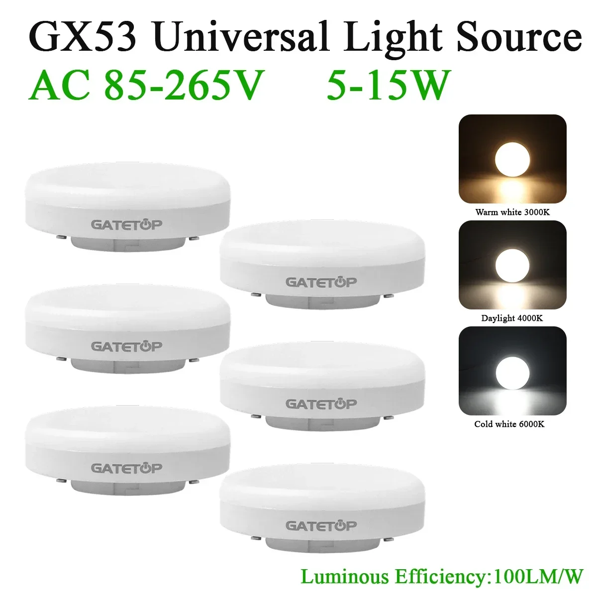 

5-40PCS GX53 LED Spotlight AC85-265V 100lm/W 5W 9W 15W Daylight for Home Bedroom Kitchen Light Replace