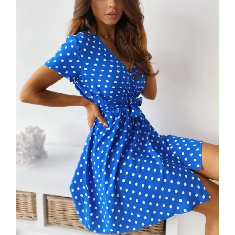 Summer Women's Polka Dot Printed Short Sleeved Casual Dress Fashionable V-neck Belt Commuting Dress Holiday Party Women's Dress