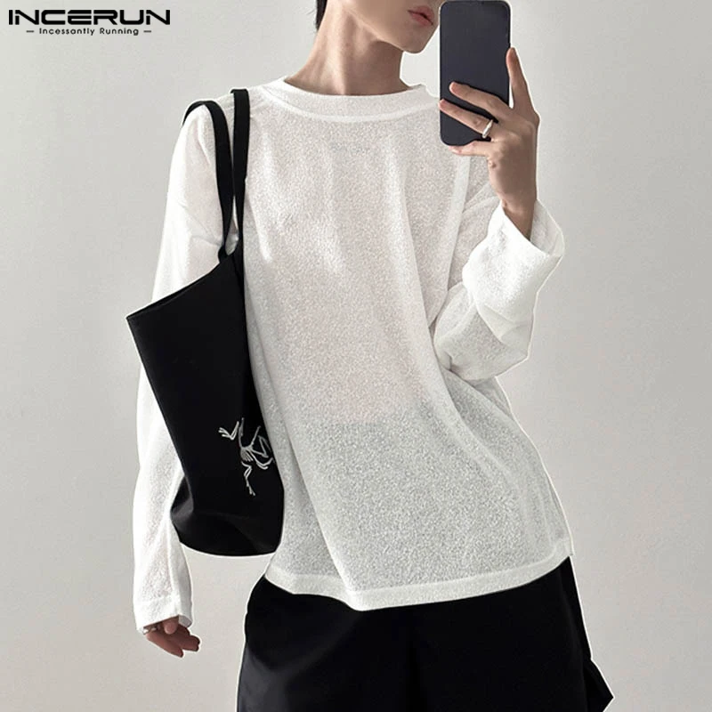 INCERUN Tops 2024 Korean Style Fashion Men O-neck Slightly Transparent T-shirt Male Streetwear Solid Long Sleeved Camiseta S-5XL