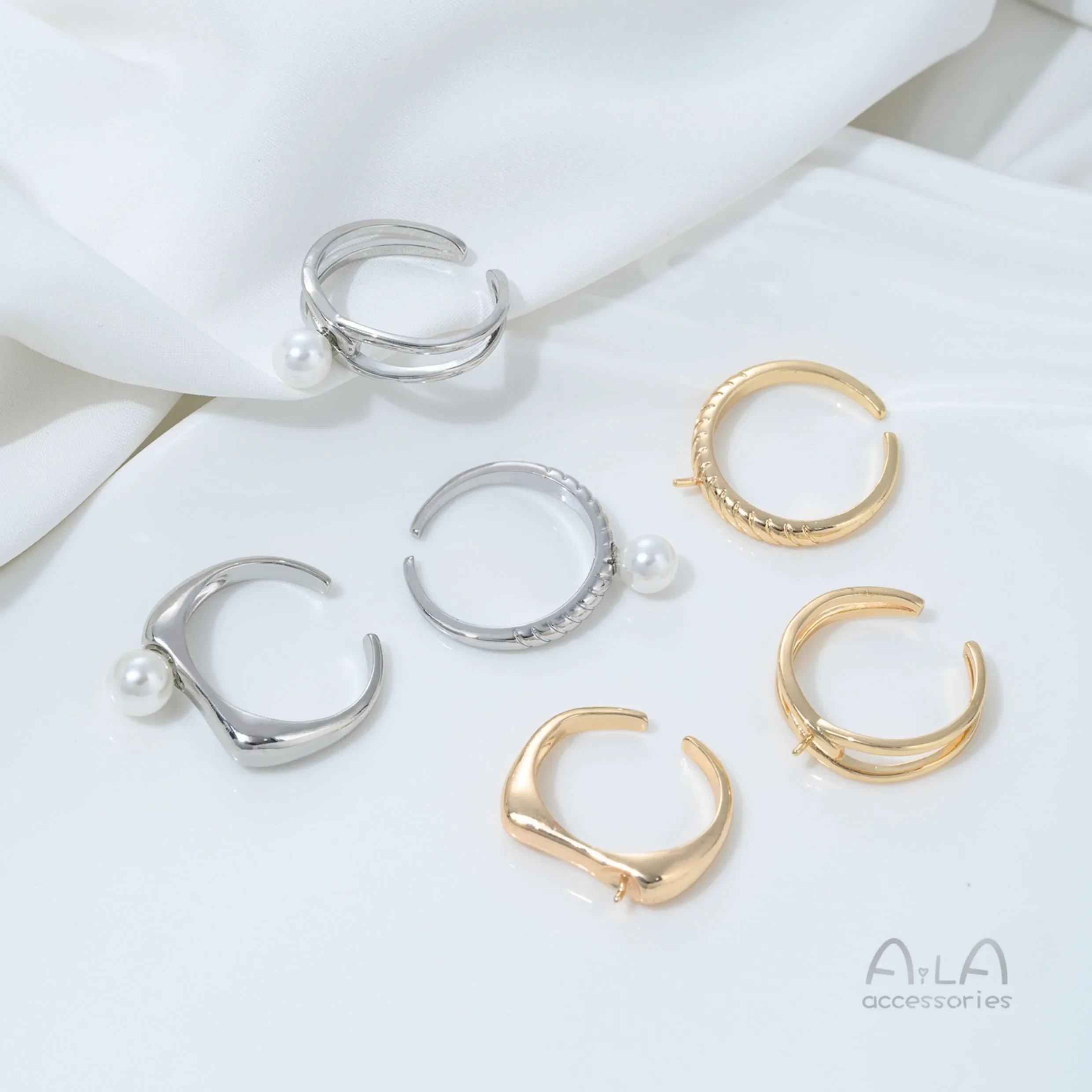 L369 14K Genuine Gold Half-hole Bead Set Ring, Twist Ring Set, Diy Hand-glued Pearl Open Ring Accessory