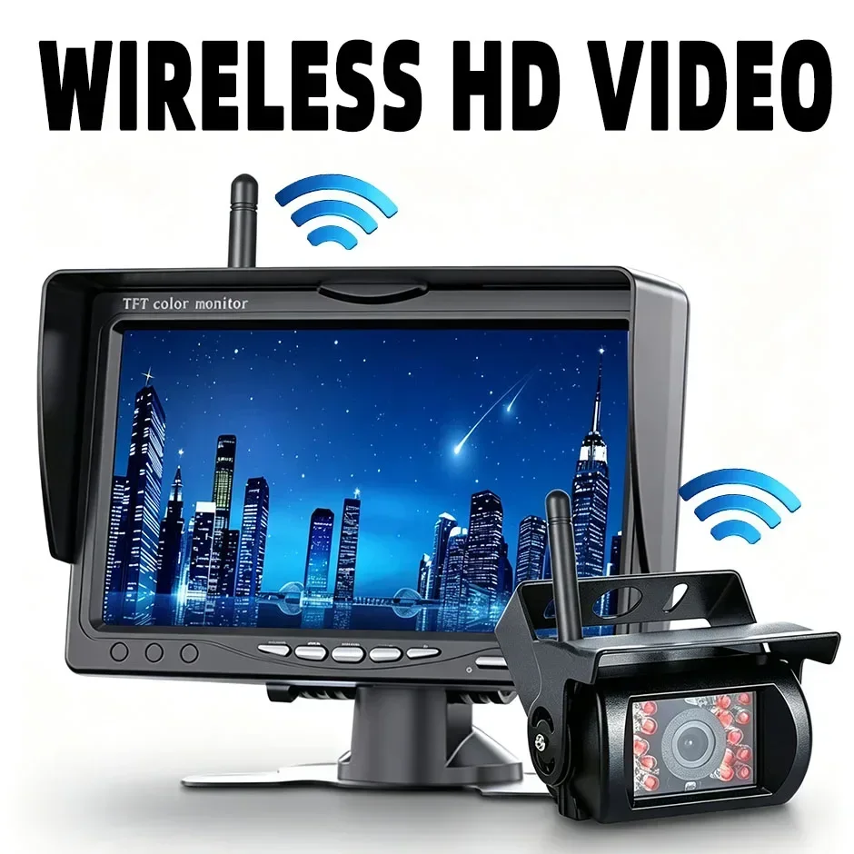 7 Inch Wireless Backup Reversing Camera for Truck Bus RV Trailer Excavator, 7 in Monitor Reverse Front Image 12V-24V Display