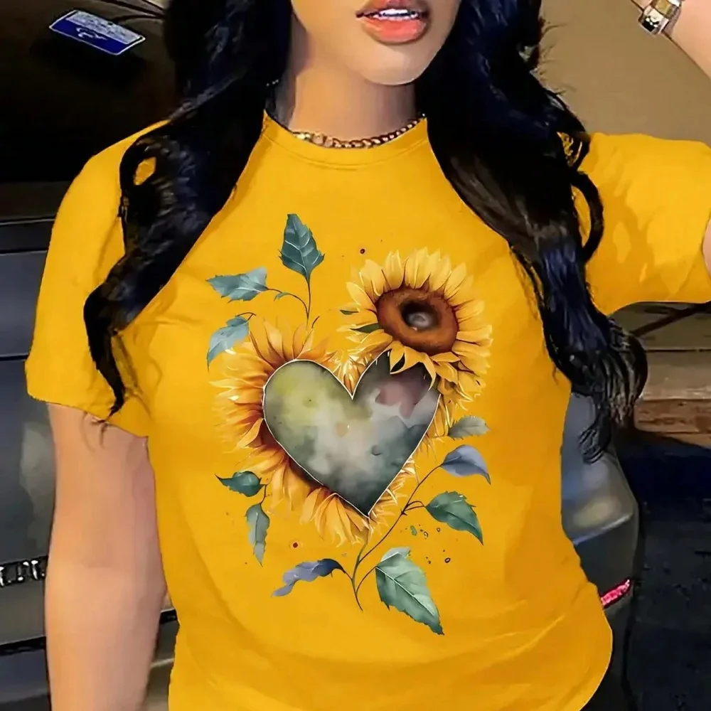 

Women's Summer Sunflower & Heart Print Crew Neck Short Sleeve Casual T-Shirt Graphic Tees Women Tops