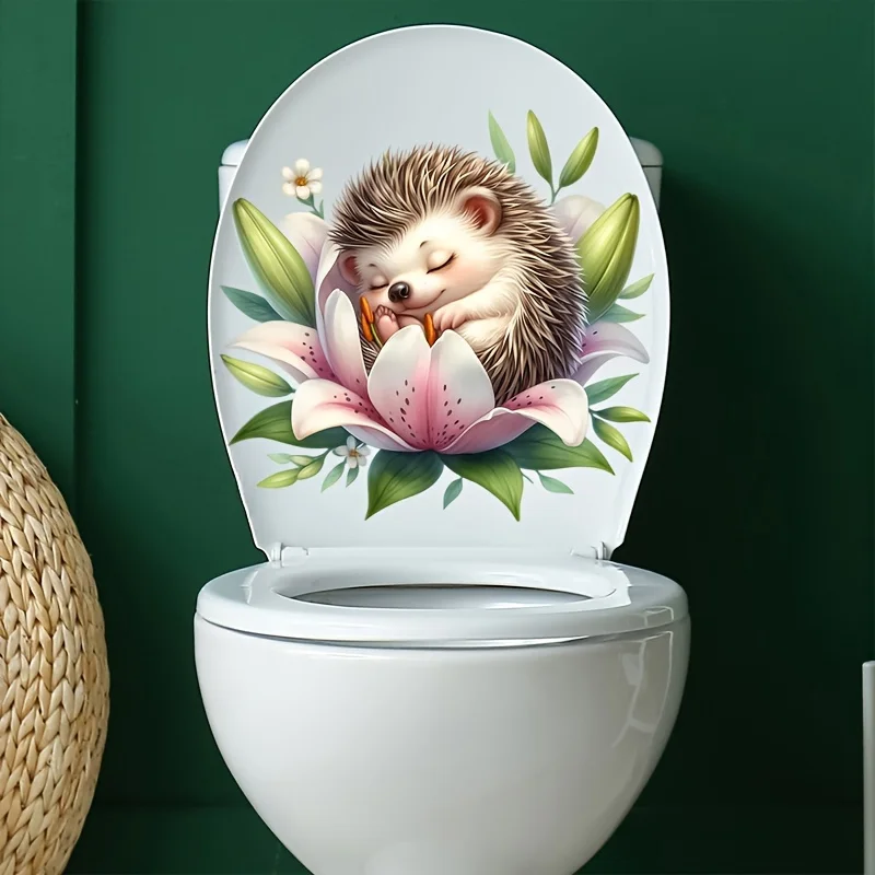 Hedgehog Sleeping on Lilies -Toilet Lid Decal-Bathroom Wall Sticker Self-Adhesive Home Decor Waterproof Decal Stickers M1336