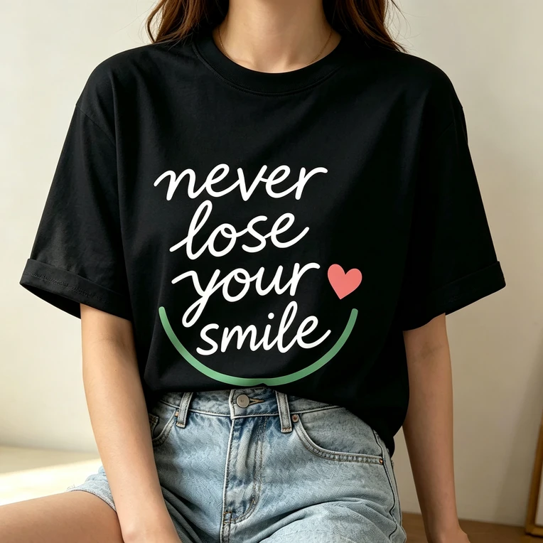 Never Lose Your Smile Graphic T‑Shirt Women Casual Positive Inspirational Saying Tee Short Sleeve Cotton Tops Daily Wear Gift