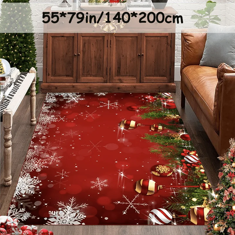 1pc Red Christmas Area Rug with Snowflakes, Pine Branches and Ornaments, Festive Non Slip Floor Mat for Living Room