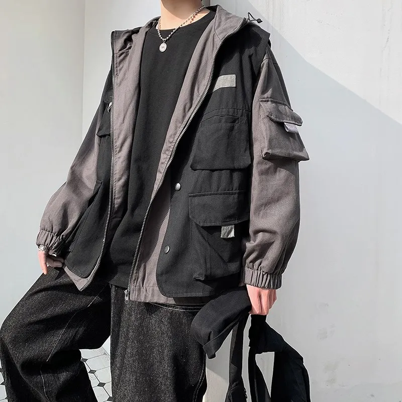 

New 2025 Men's Loose Fit Trendy Jaet Fake Two-Piece Outerwear Spring Autumn Versatile Casual Workwear Long Sve Hoodie