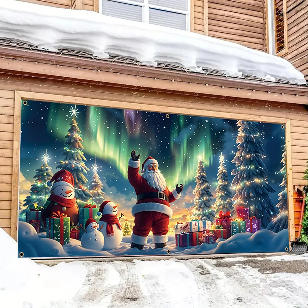

Одна большая рождественская дверная табличка для гаража в 2D, с фрезой из полиэфирного волокна Аврора Бореалис и звездной снежной сцены Санта-Клауса.