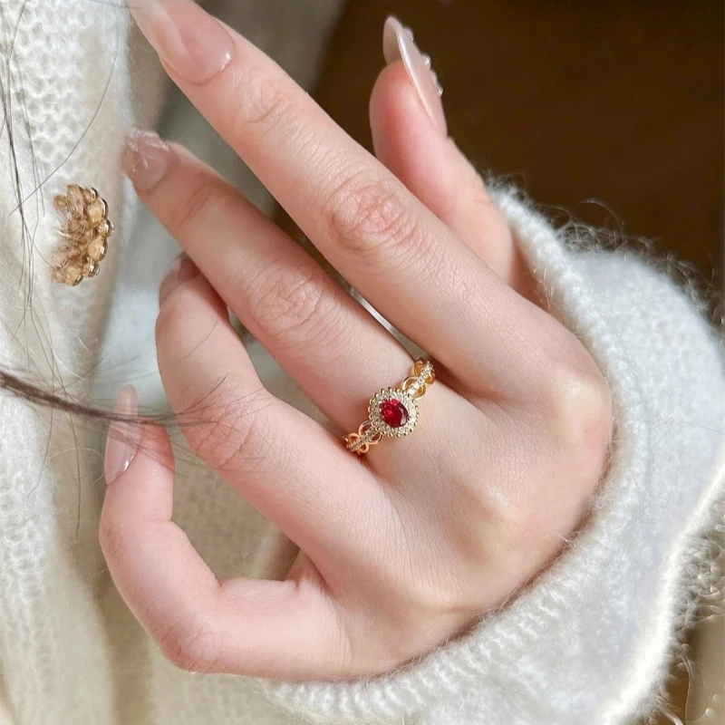 

Luxury Vintage Ruby Oval Red Zircon Adjustable Rings For Women Design Retro Finger Ring Gift Party Charm Jewelry
