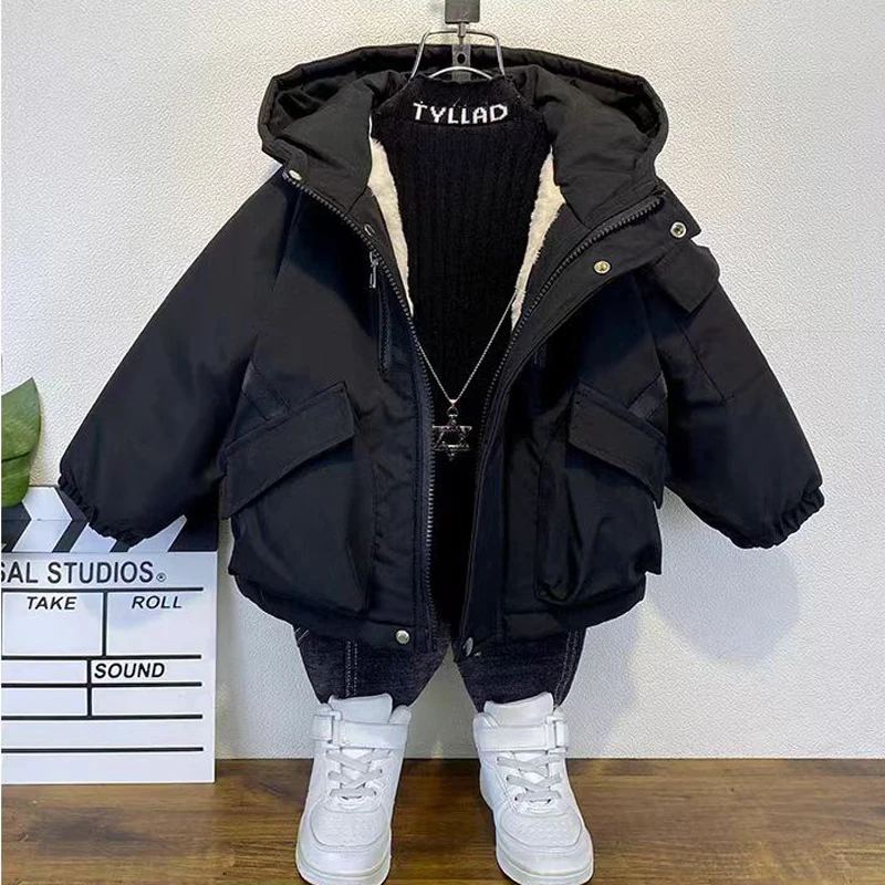 123  Color Winter New Boys Jacket Solid Color Lining Plush Thick Warm Hooded Zipper Coat For Kids Cotton Outwear 3-12 Y Teen