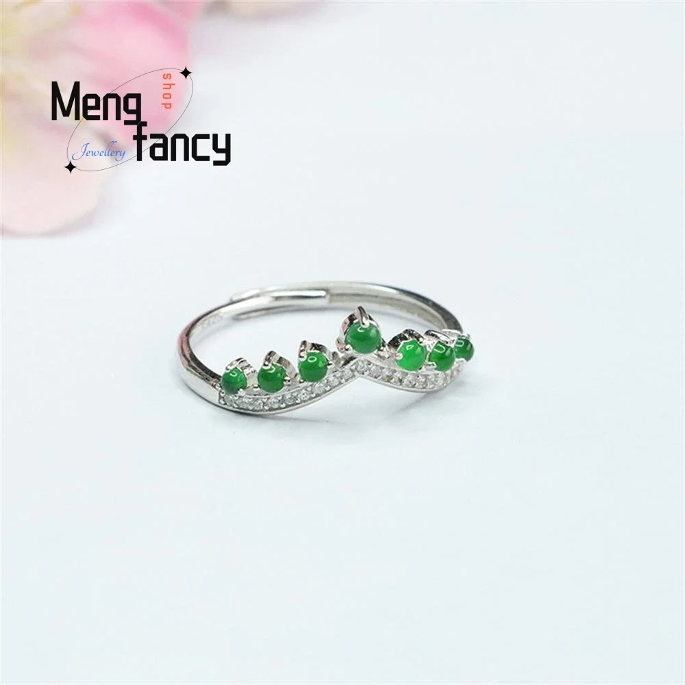 S925 Silver Lnlaid Natural Jadeite Crown Ice Type Imperial Green Ring Exquisite Elegant Simple High-grade Luxury Quality Jewelry