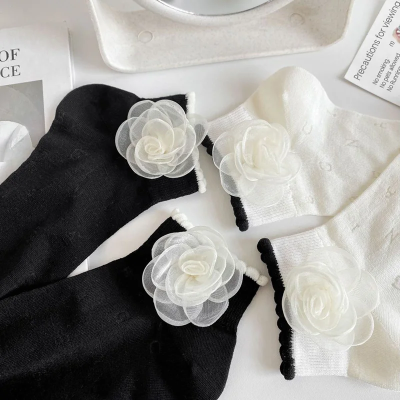2 Pair Set Women Summer Thin Cotton Simple Cute Low Cut Socks Exquisite Letter Comfortable Camellia Flowers Lolita Fashion Wear