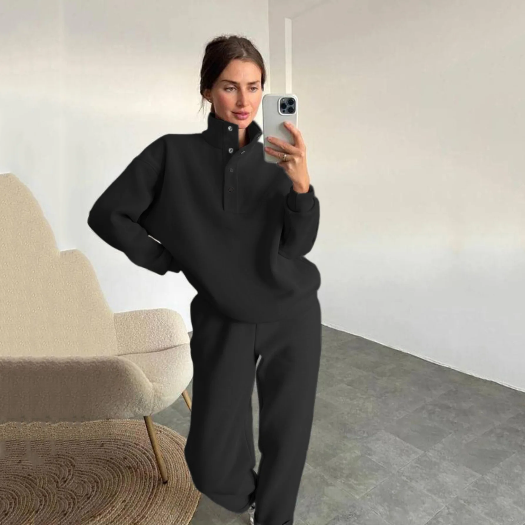 New Fashion Solid Color Casual Two-piece Set, Stand Collar Pullover Top + Elastic Waist Long Pants for Women Spring and Autumn