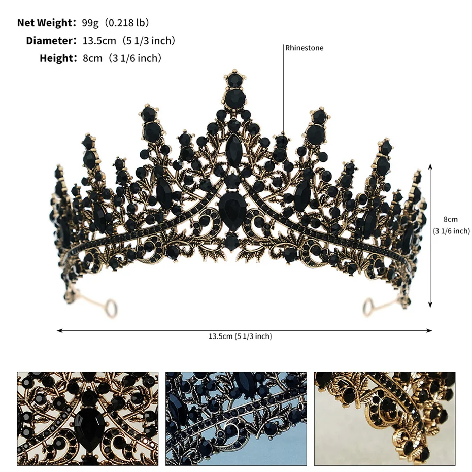 Efily Baroque Vintage Black Rhinestone Crown Tiara Crystal Wedding Hair Accessories Women Headband Queen Princess Head Jewelry