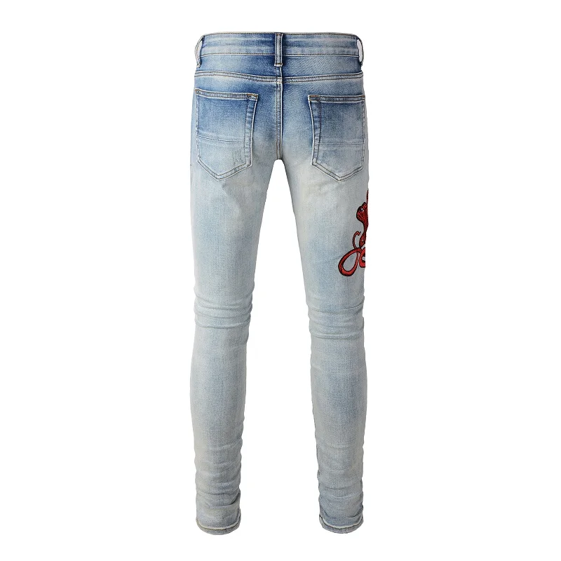 New Light Blue Jeans Embroidered Red 3 heads Snake Patchwork High Street Stretch Distressed Slim Hole Hollow out  Jeans Men