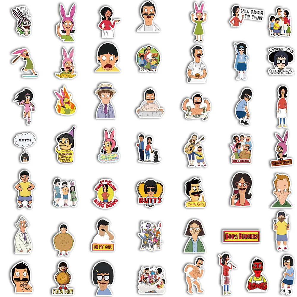 50 قطعة ملصقات Bobs Burgers مضحك الكرتون الرسوم المتحركة ملصق لعبة سكراوبوك الثلاجة الأمتعة المحمول الغيتار سيارة الدراجة الشارات
