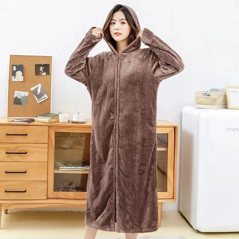 

6011-3Nightdress Women's Long Thicken Loose Large Size Nightgown Coral Fleece Winter Pajamas Flannel