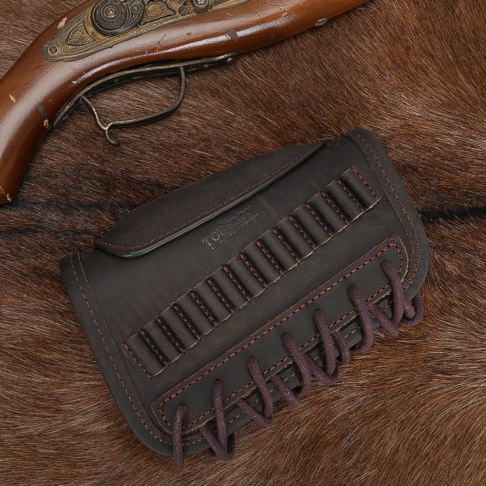 Accessoires de chasse Tourbon, repose-joue en cuir pour fusil, housse de crosse avec 14 boucles pour munitions .22LR, réglable, marron