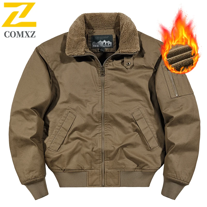 Men's Work Jacket Autumn Winter New Solid Color Warm Thickened Multi-pocket Outdoor Travel Lapel Coat Men Simple Cotton Clothes