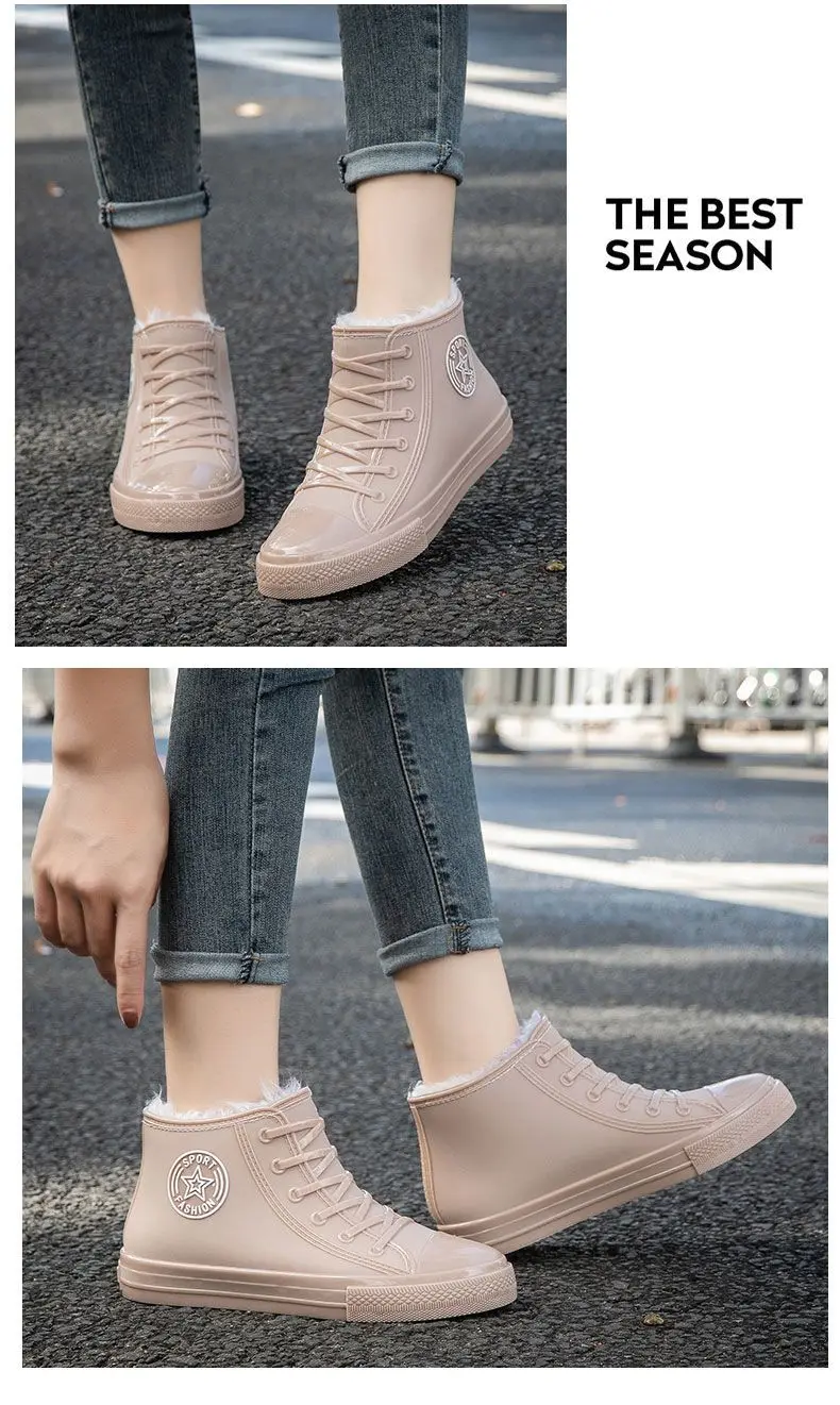 Stilvolle warme Damen-Regenschuhe mit Fell, wasserdichte Winterstiefel, Damen-Galoschen, modische Garten-Regenschuhe, Plüsch-Regenstiefel der Marke – Detail 13