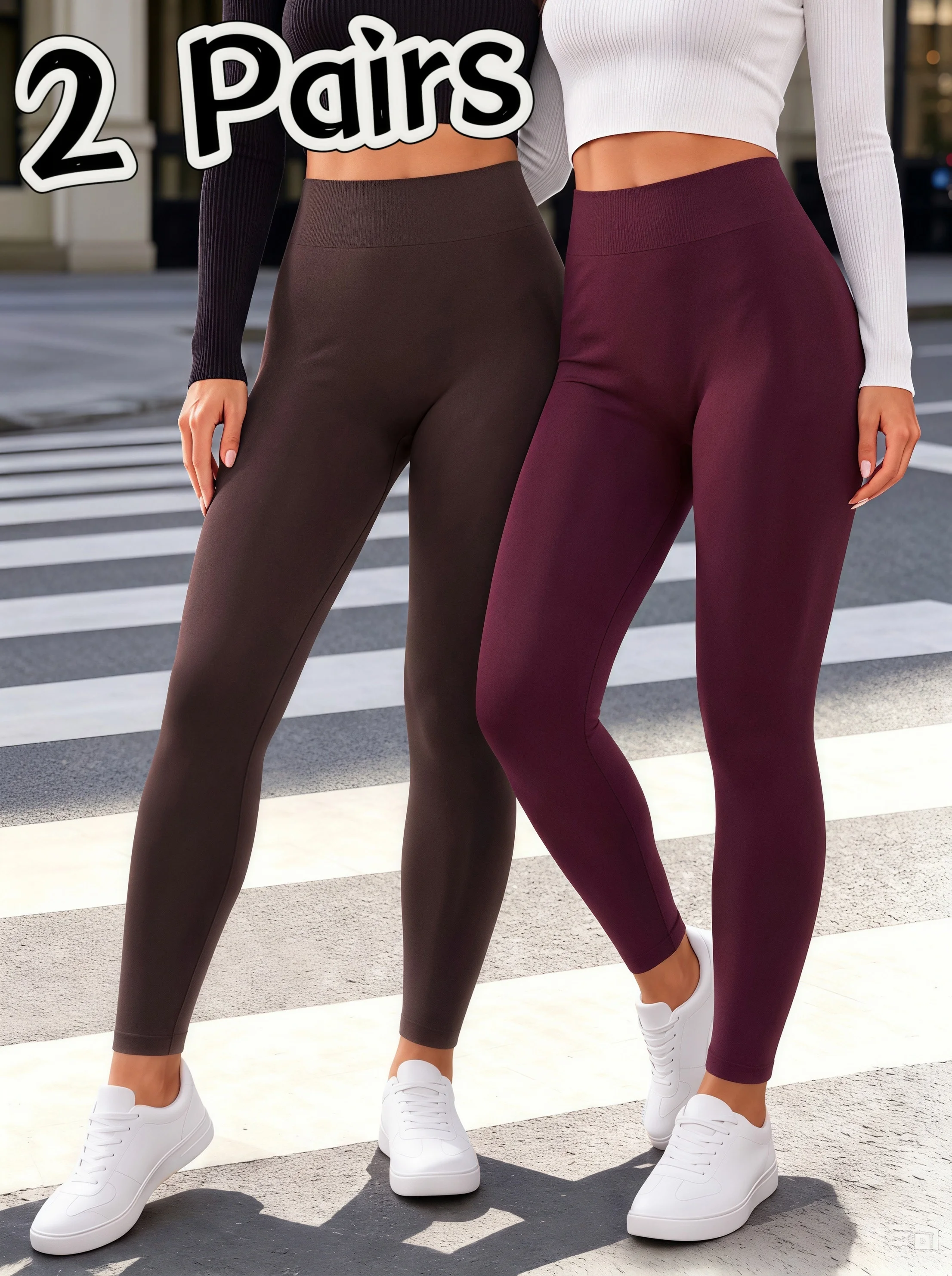 2PCS Women High Waist Leggings Set Burgundy Coffee Combo Cloud Smooth Stretch Pants for Gym Lounging Daily Autumn Winter Wear