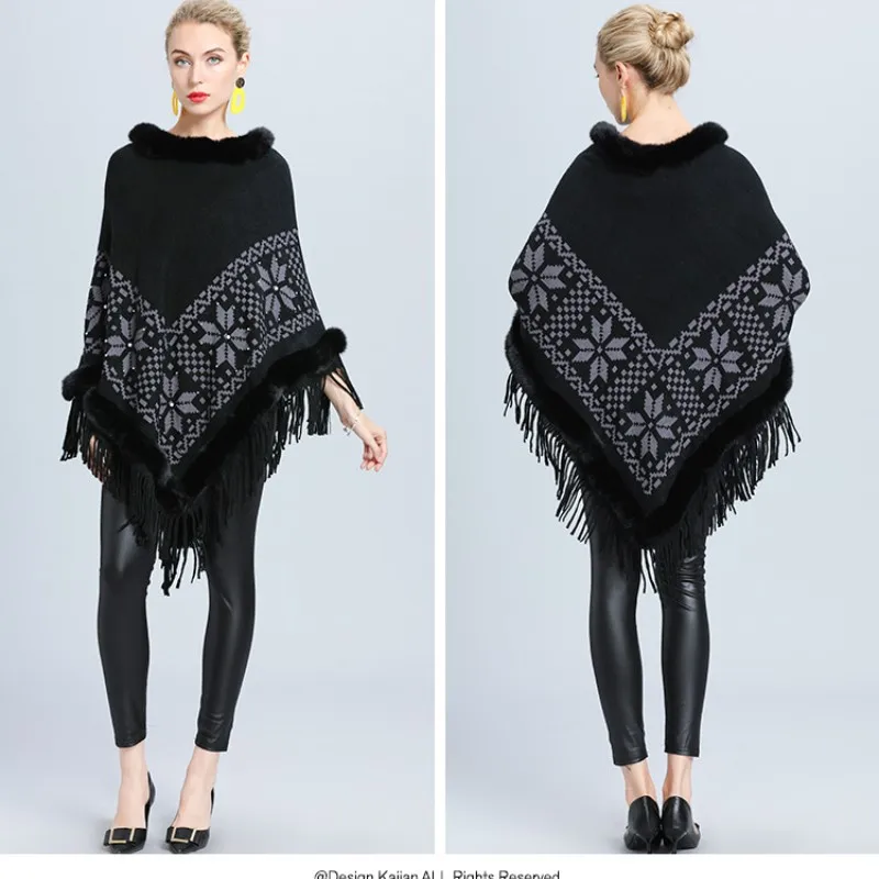 6 Color Fur Neck Warm Beading Floral Coat Overize Triangle Knitted Poncho Women Cape Big Pendulum Jacquard Weave Tassel Pullover