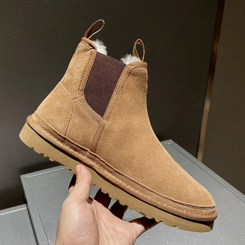 

New Winter Fur Snow Boots Men Warm Thick Plush Casual Fashion Chelsea Boots Outdoor Work Cow Suede Ankle Boots Male Shoes