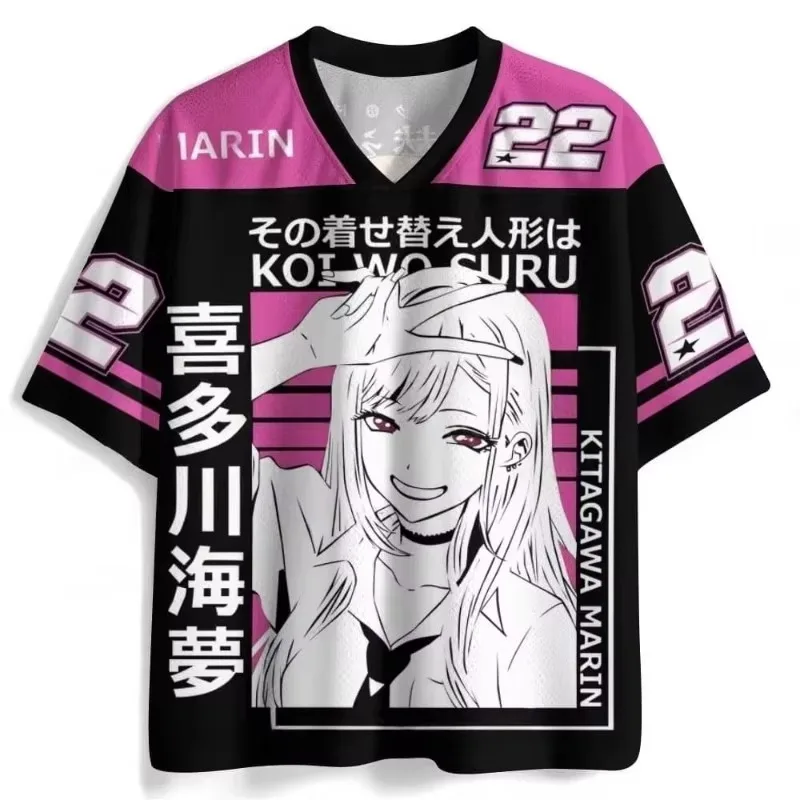 Unisex My Dress-Up Darling Kitagawa Marin V-Neck T-Shirt Anime Print Color Block Oversized Casual Cosplay Tee for Manga Fans