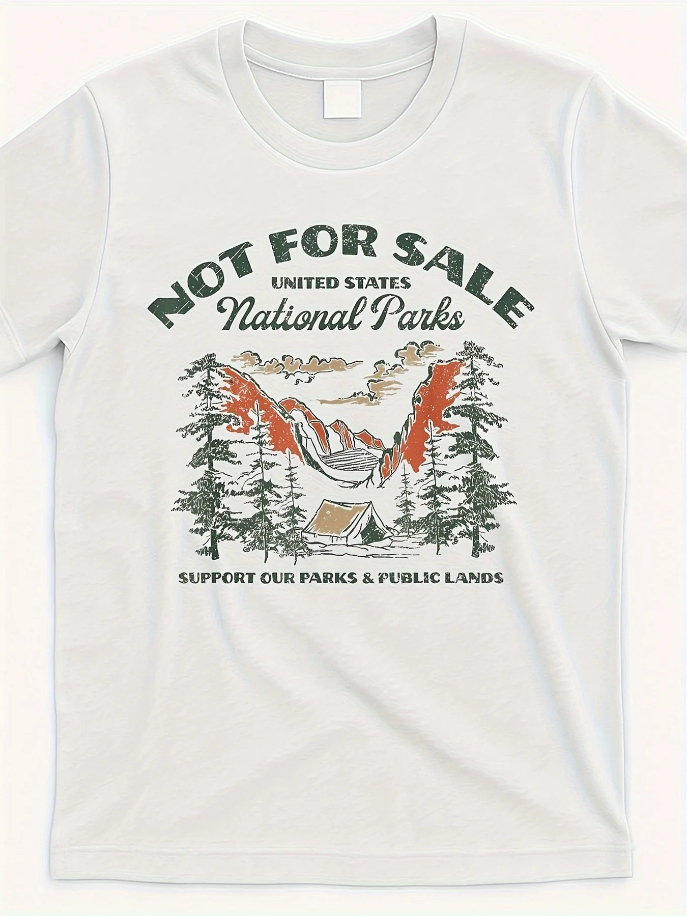 White Crew Neck T-Shirt with United States National Parks Camping Graphic, Support Public Lands, Casual Outdoor Wear for Nature Enthusiasts, For Teenager