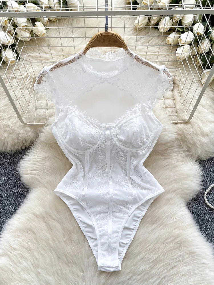 

Women's White Lace Jumpsuits 90s Vintage Solid Color Skinny Playsuits Harajuku Sleeveless Exotic Sexy Rompers Coquette Clothes