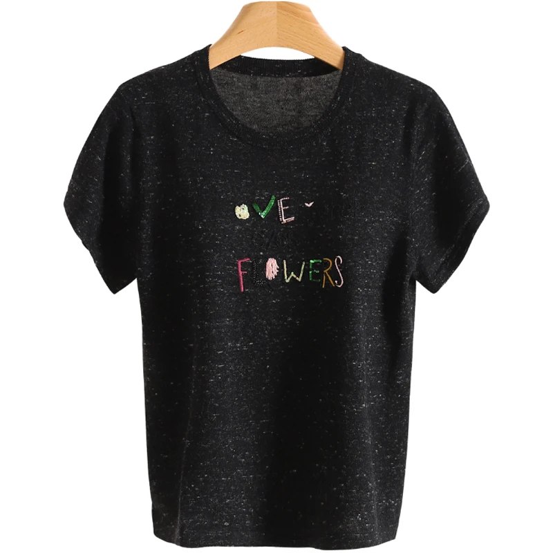 Suéter E de Malha Fina com Decote Redondo e Manga Curta Bordado com Letras Moda Fena Top de Outono Confortável Cor...