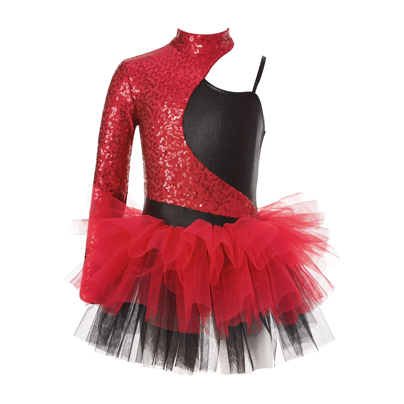 Children Jazz Dance Costumes Kids Girls Shiny Sequins Gymnastics Leotard Dress Asymmetrical Sleeves Tulle Skirt Stage Dancewear